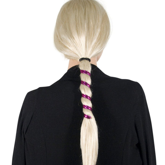 Model wearing hot pink woven leather spiral ponytail wrap, back view