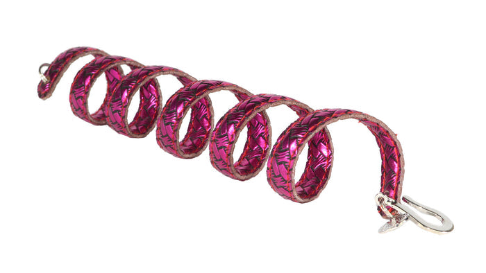 Hot Pink Woven Leather Ponytail Wrap - 6" Boho Hair Accessory side view