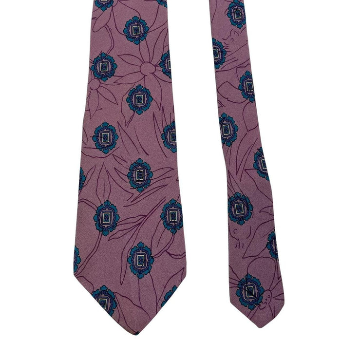 Lanvin cream silk tie with floral pattern and logo detail.