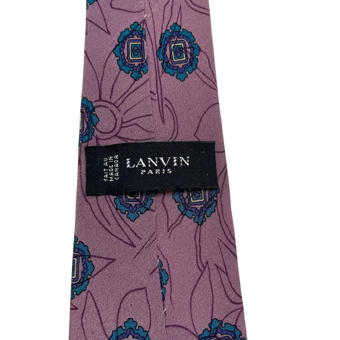 Lanvin cream silk tie with floral pattern and logo detail.