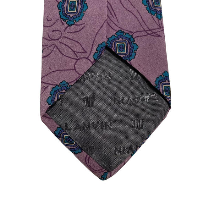 Lanvin cream silk tie with floral pattern and logo detail.