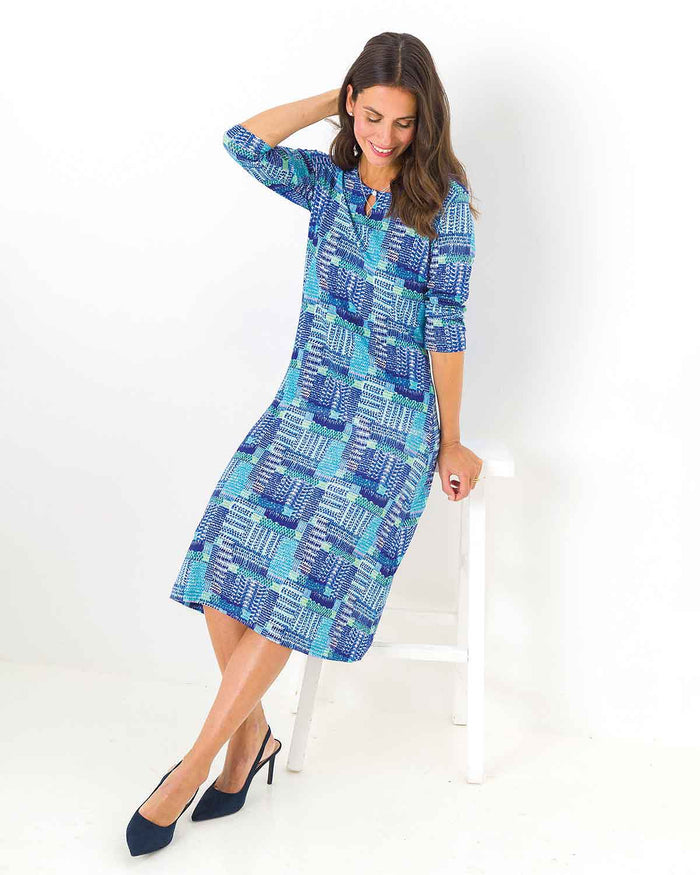 Leila Patterned Viscose Pull On 3/4 Sleeved Dress - The Classic Boutique
