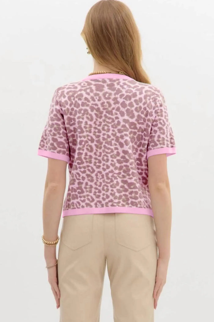 Leopard Button Down Short Sleeve Sweater Cardigan – Pink