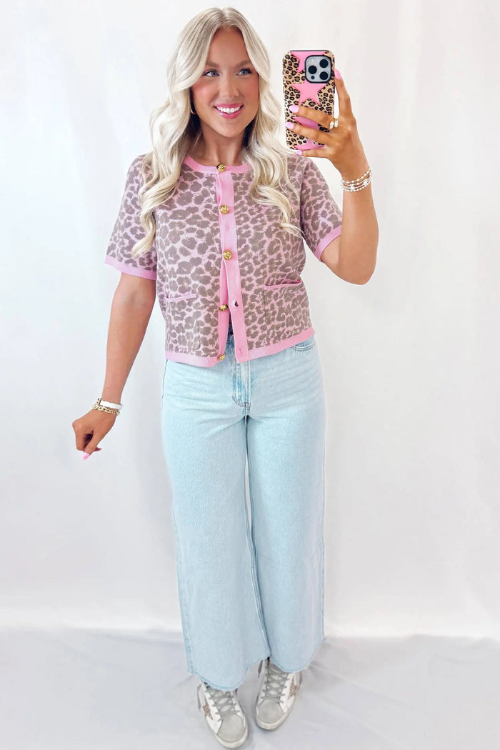 Leopard Button Down Short Sleeve Sweater Cardigan – Pink