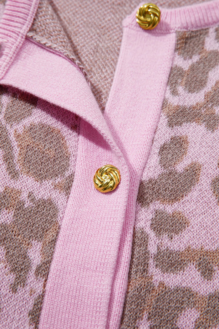 Leopard Button Down Short Sleeve Sweater Cardigan – Pink