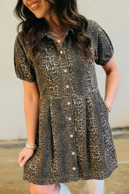Leopard Print Puff Sleeve Pleated Denim Mini Dress
