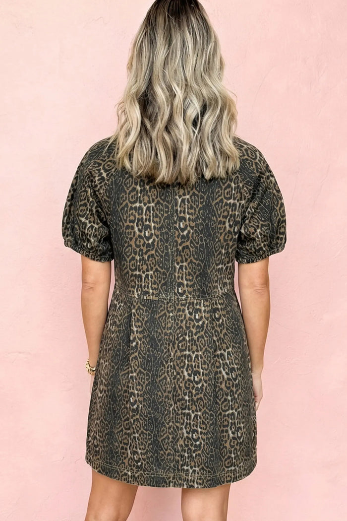 Leopard Print Puff Sleeve Pleated Denim Mini Dress