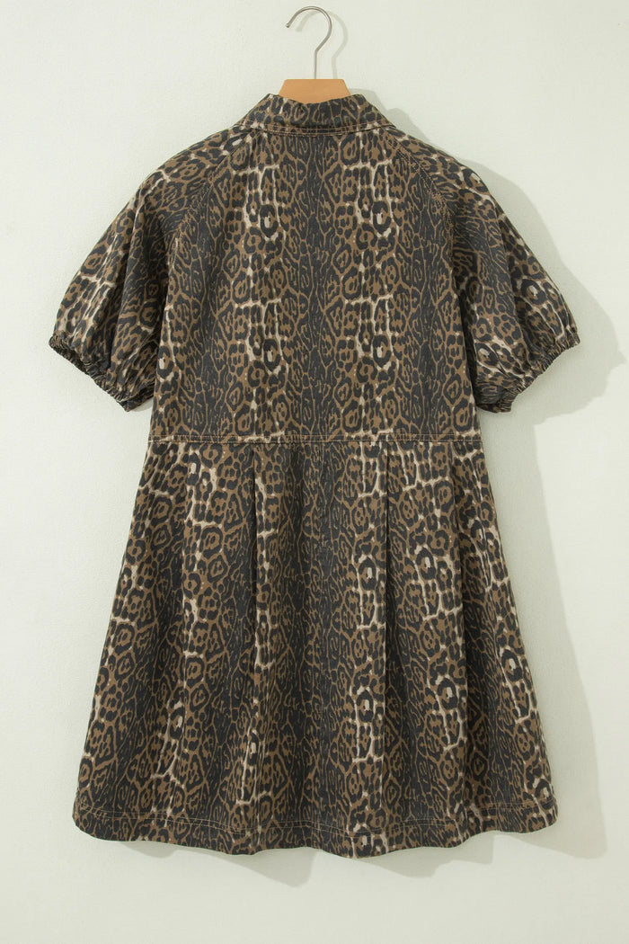 Leopard Print Puff Sleeve Pleated Denim Mini Dress