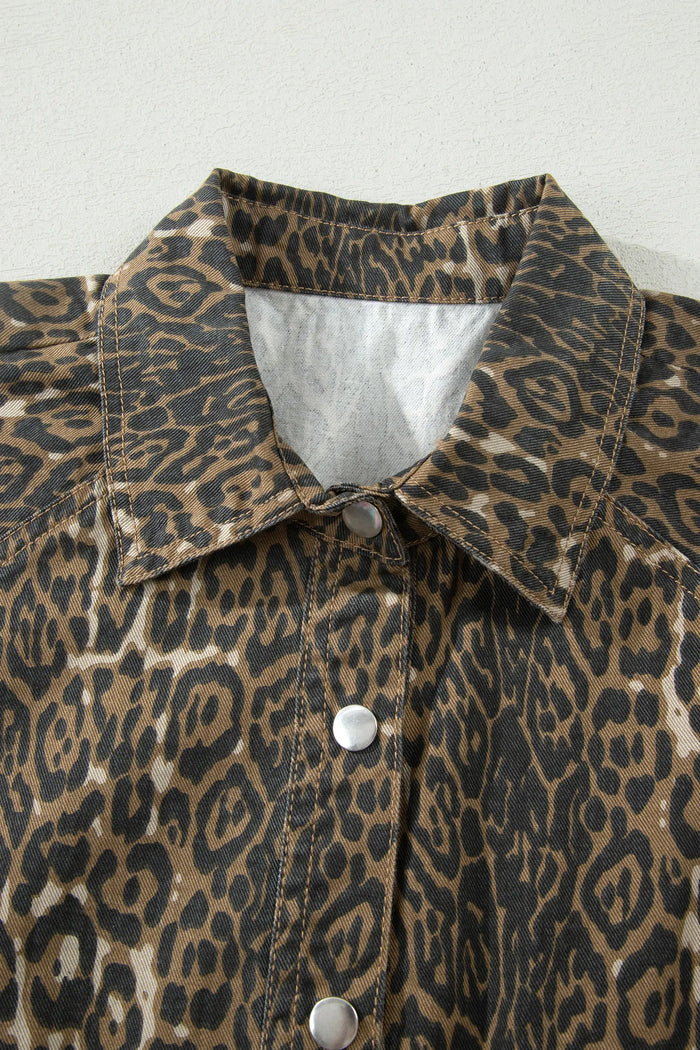 Leopard Print Puff Sleeve Pleated Denim Mini Dress
