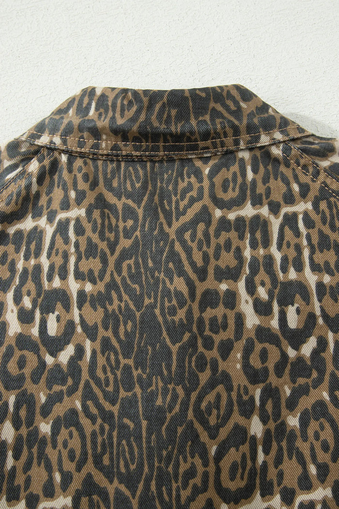 Leopard Print Puff Sleeve Pleated Denim Mini Dress