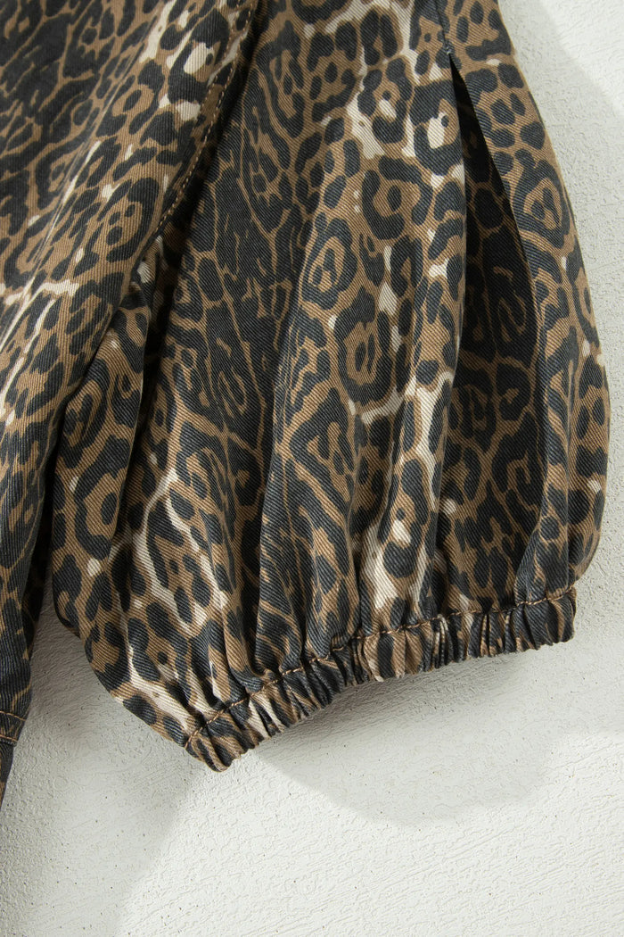 Leopard Print Puff Sleeve Pleated Denim Mini Dress