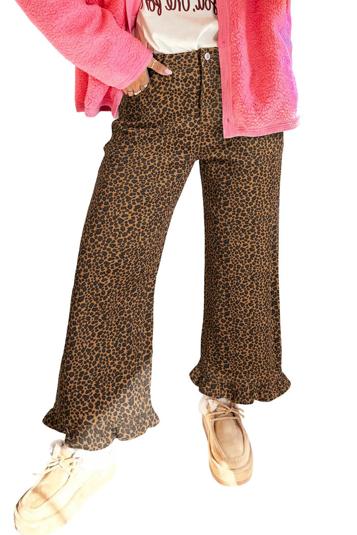 Leopard Print Ruffled Hem Shift Jeans – Brown
