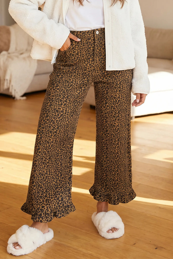 Leopard Print Ruffled Hem Shift Jeans – Brown