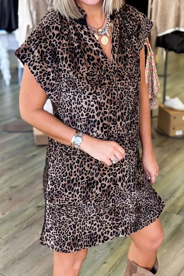 Leopard Print Short Sleeve Mini Shift Silhouette Dress – Brown