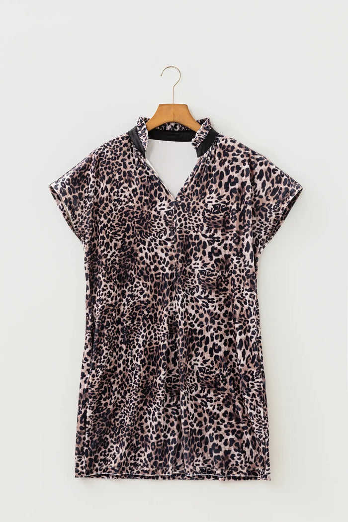 Leopard Print Short Sleeve Mini Shift Silhouette Dress – Brown