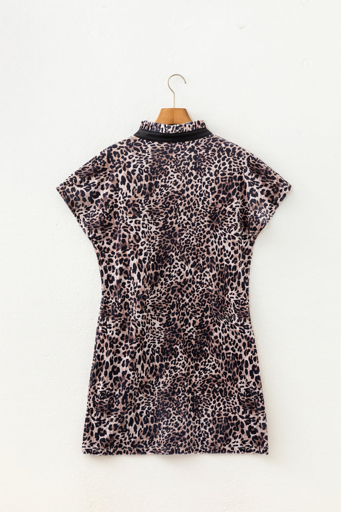Leopard Print Short Sleeve Mini Shift Silhouette Dress – Brown