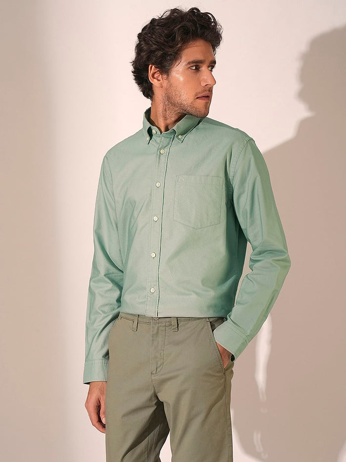 Light Green Striped Cotton Oxford Shirt