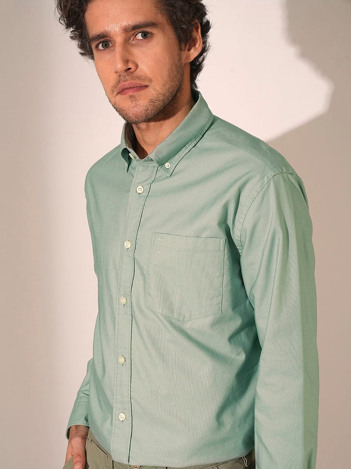 Light Green Striped Cotton Oxford Shirt