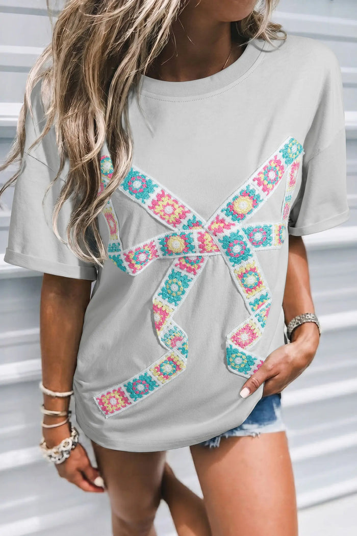 Light Grey Floral Crochet Bow Patched Cotton T-Shirt