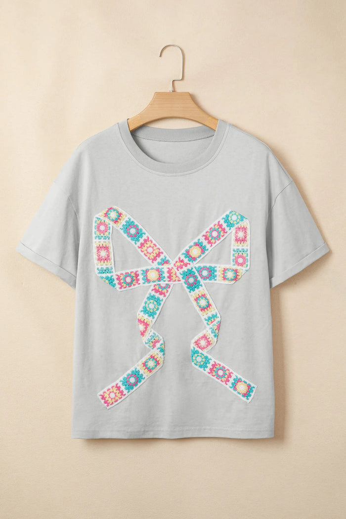 Light Grey Floral Crochet Bow Patched Cotton T-Shirt