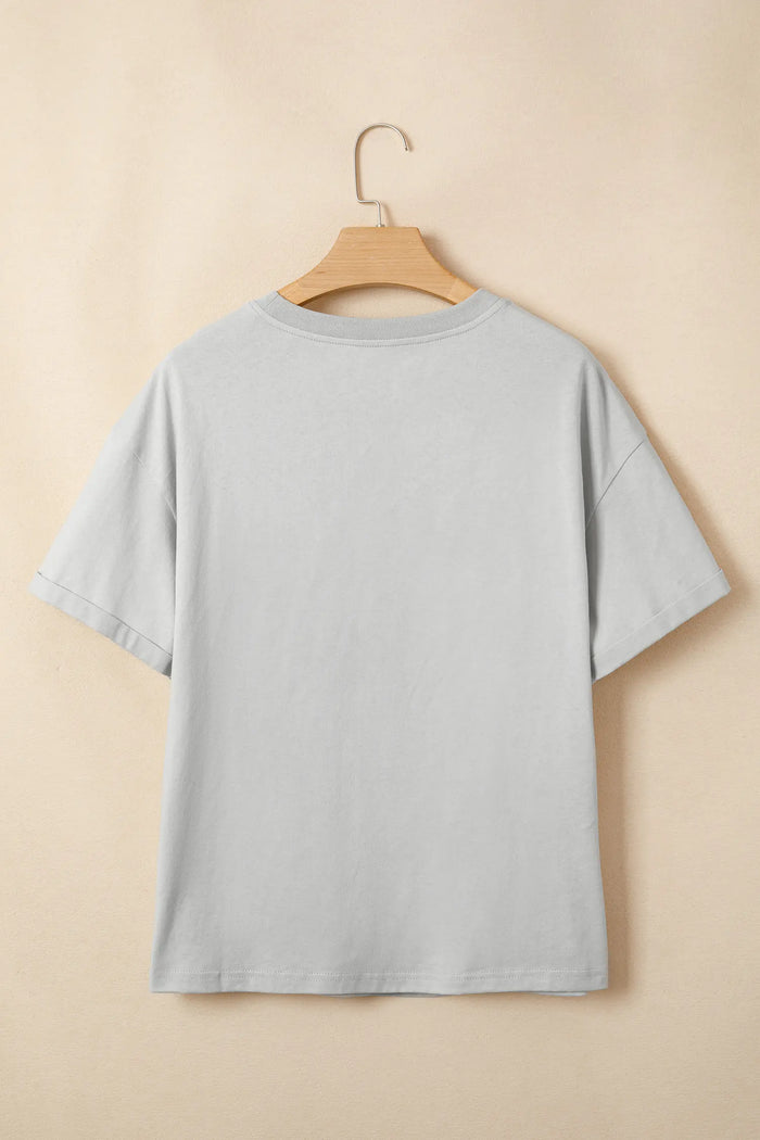 Light Grey Floral Crochet Bow Patched Cotton T-Shirt