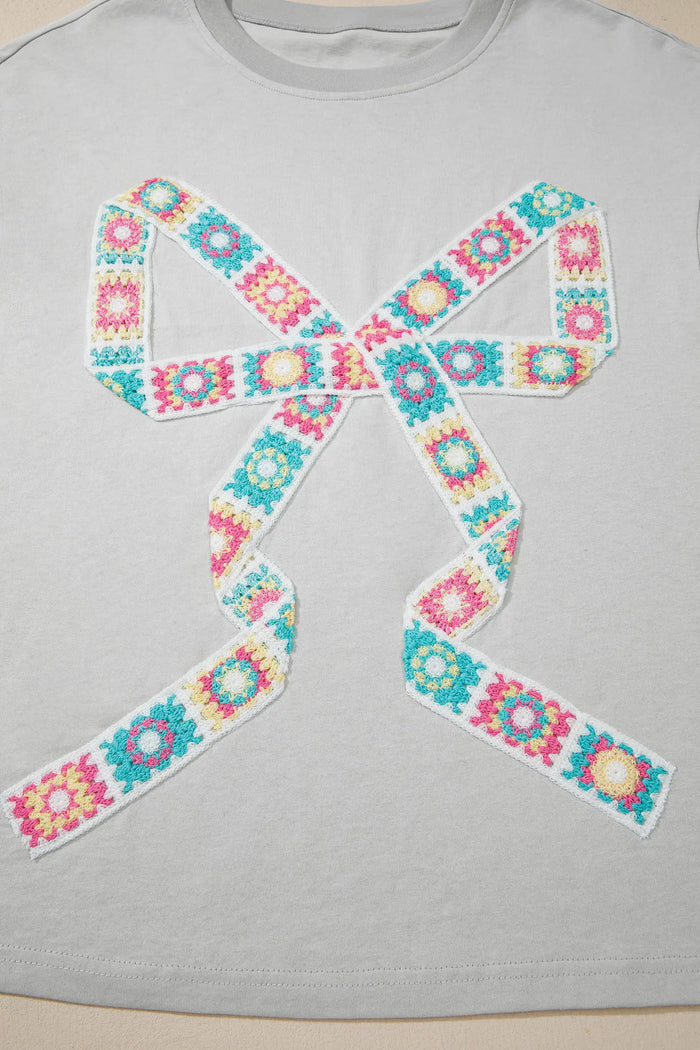 Light Grey Floral Crochet Bow Patched Cotton T-Shirt