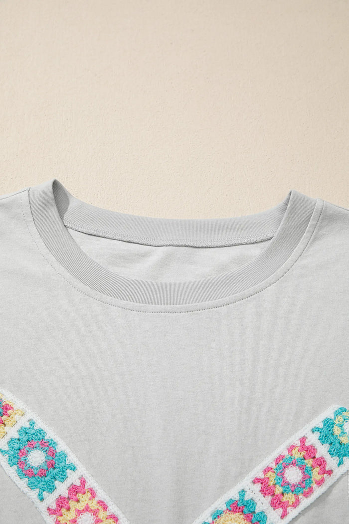 Light Grey Floral Crochet Bow Patched Cotton T-Shirt