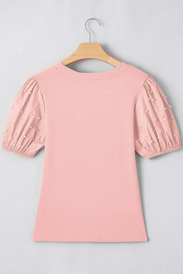 Light Pink Ribbed Pearl Beaded Puff Sleeve Top