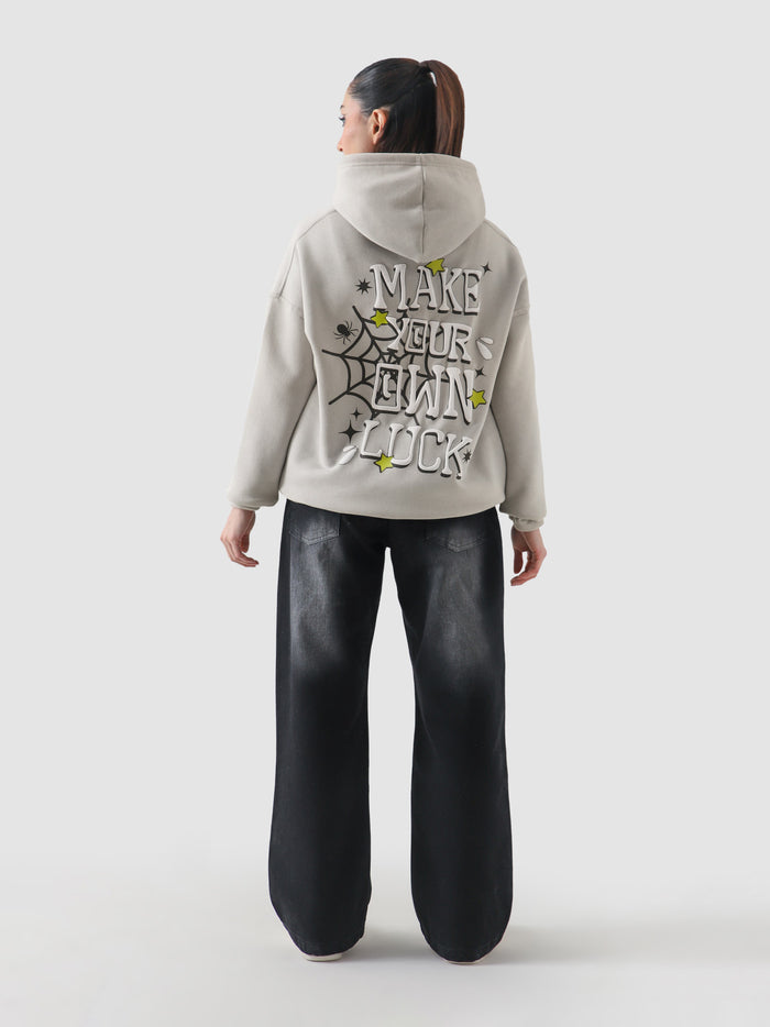 Make Your Own Luck hoodie female model back view relaxed fit Pakistan – GROOVY