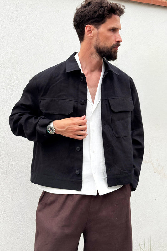 Men’s Linen Chore Jacket SEQUOIA in Black