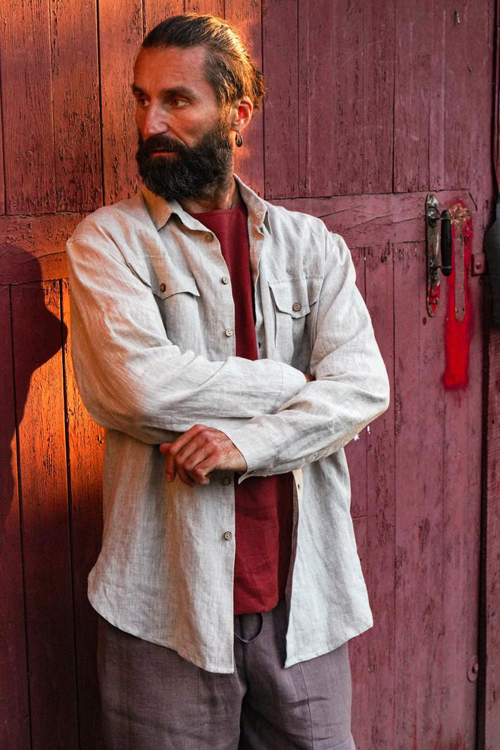 Mens relaxed linen shirt SANDWOOD - IN STOCK