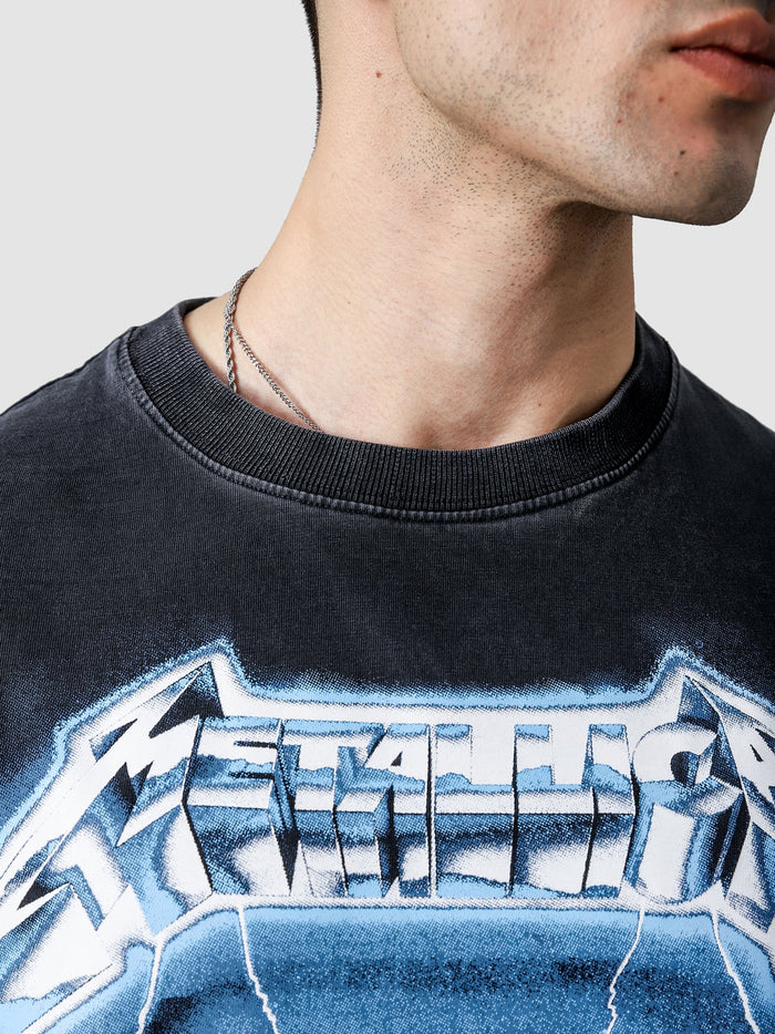 Metallica graphic tee male model side view washed grey oversized Pakistan – GROOVY