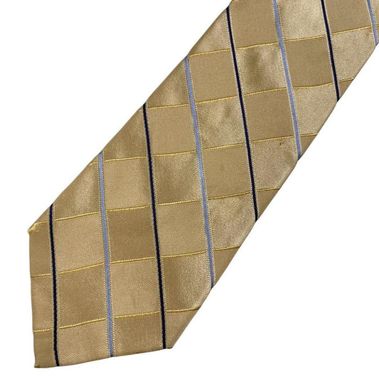 Michael Kors gold silk tie with striped pattern and logo detail.
