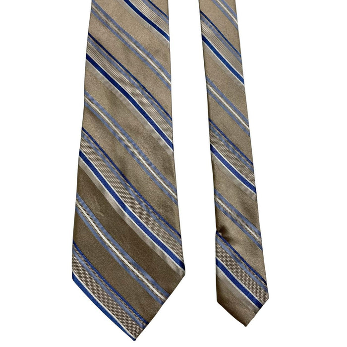 Michael Kors beige striped silk tie with elegant cream stripes and soft sheen.