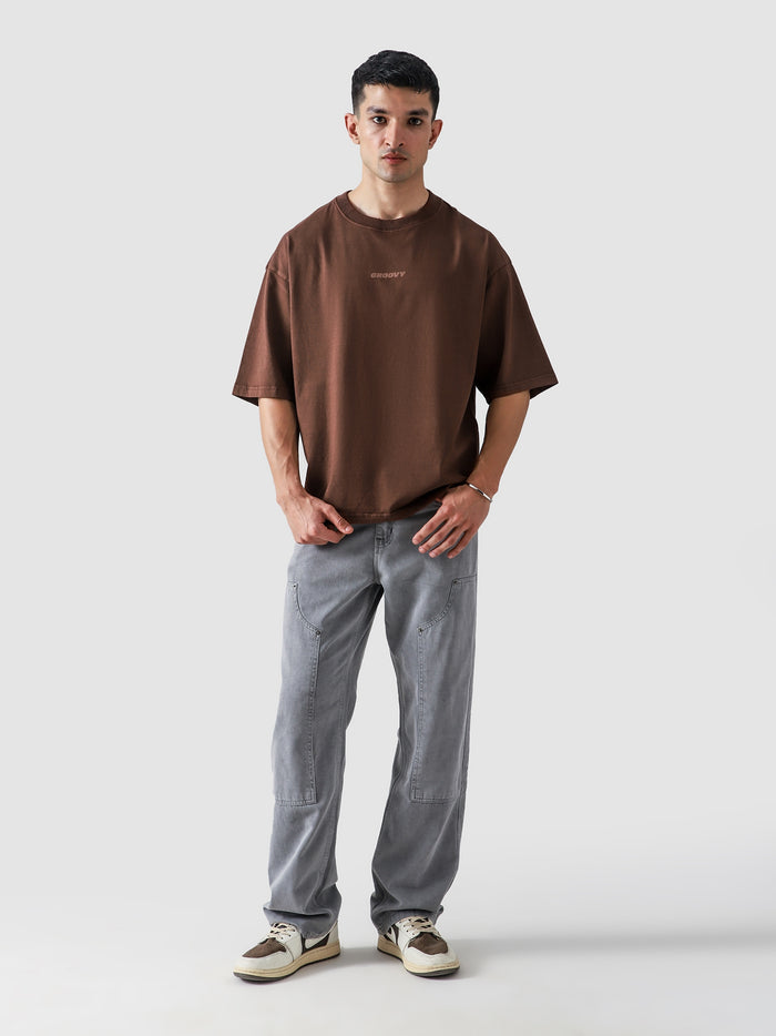 Mocha Brown Washed Blank Tee Male Model Front View – GROOVY Pakistan