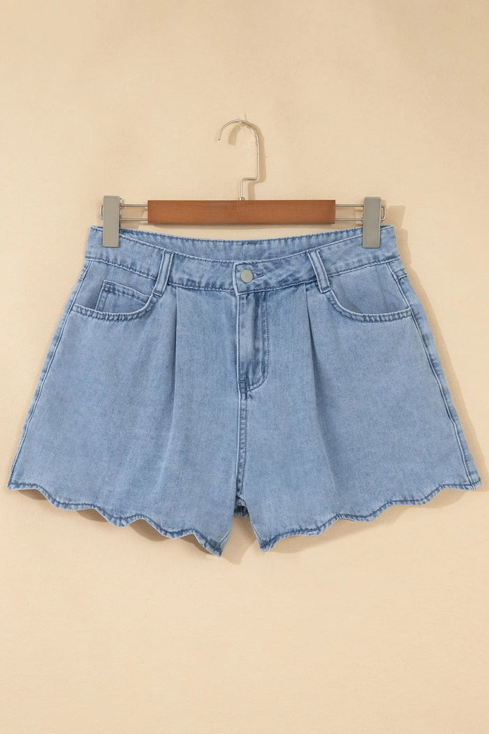 Myosotis Scalloped Hem Casual Denim Shorts