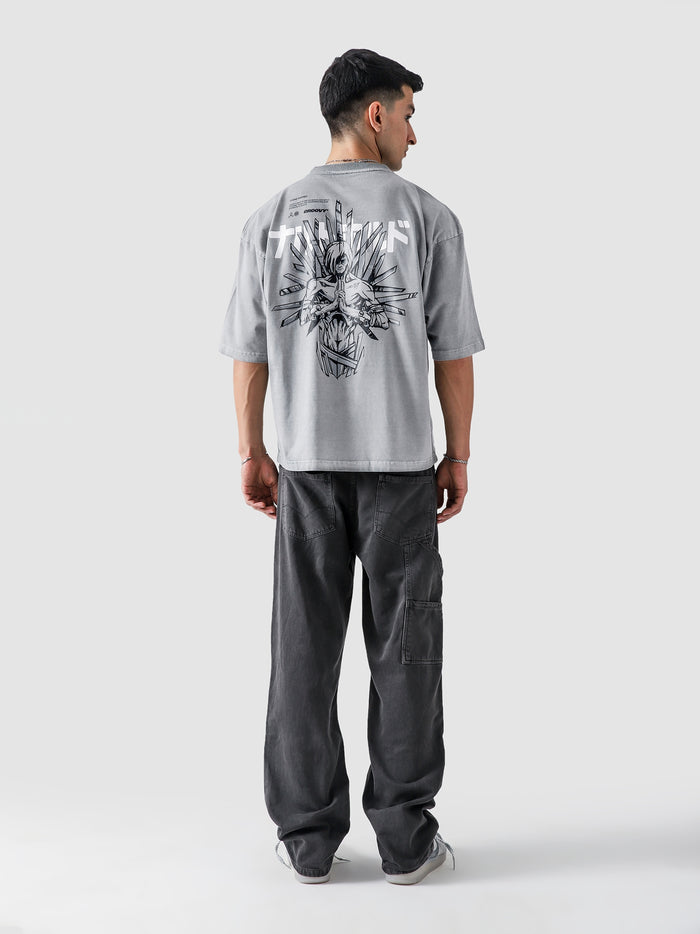 Naruto Pain tee female model front view slate grey anime streetwear Pakistan – GROOVY
