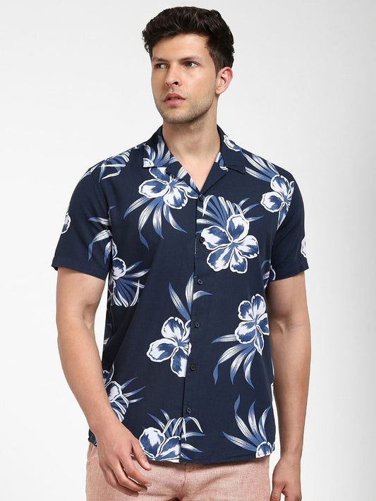 NAVY BLUE FLORAL Cuban Collar Shirt