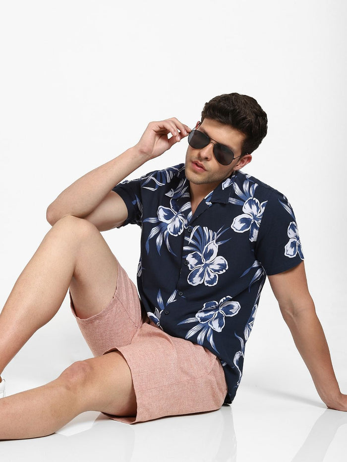 NAVY BLUE FLORAL Cuban Collar Shirt
