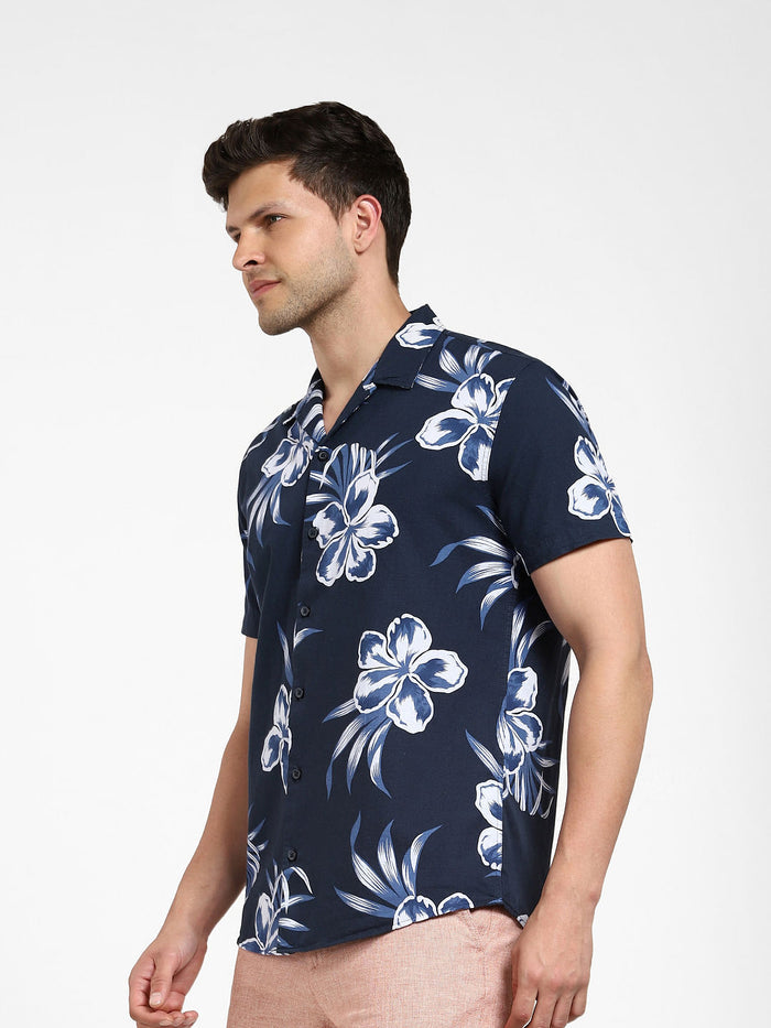 NAVY BLUE FLORAL Cuban Collar Shirt
