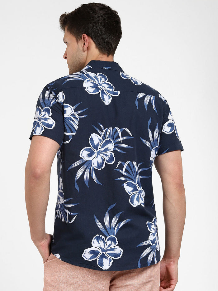 NAVY BLUE FLORAL Cuban Collar Shirt