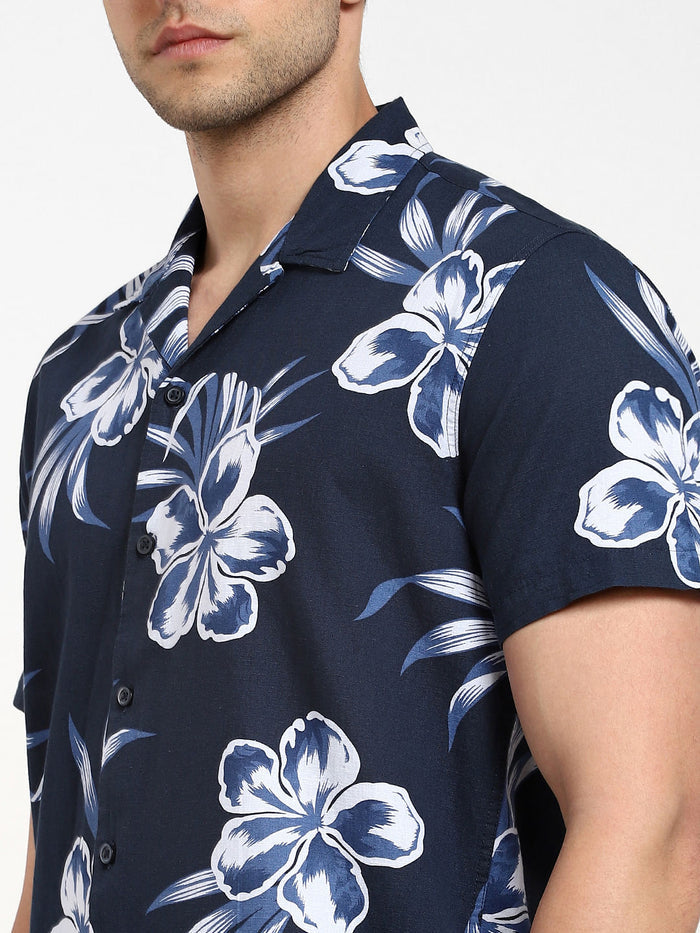 NAVY BLUE FLORAL Cuban Collar Shirt