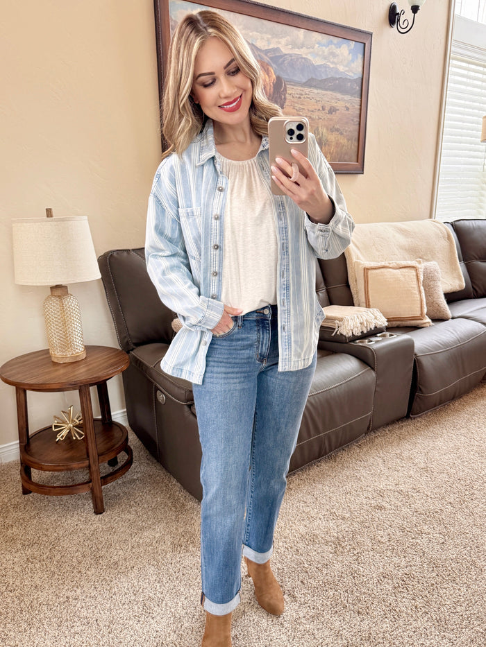 Pin Stripe Denim Shacket In Light Wash & White
