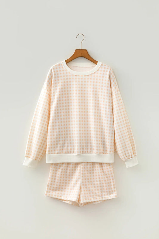 Plaid Baggy Pullover Drawstring Casual Shorts 2pcs Outfit – Yellow