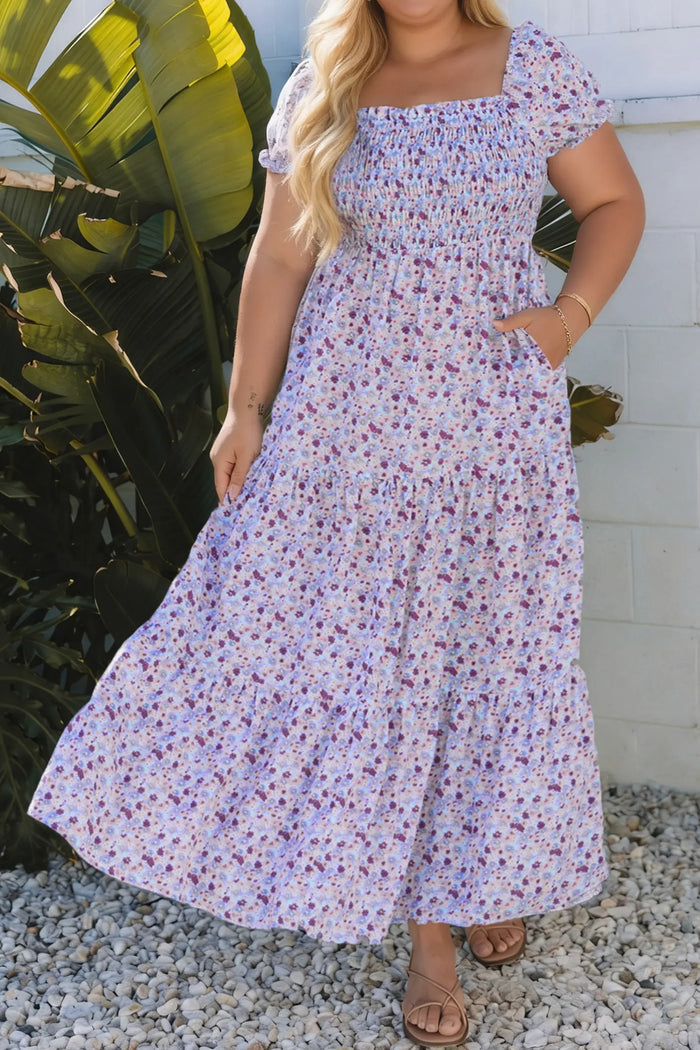 Plus Size Floral Print Square Neck Smocked Maxi Dress – Purple