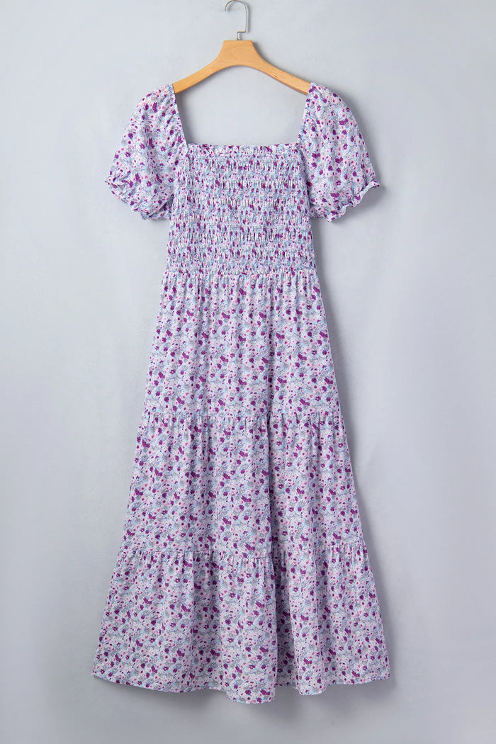 Plus Size Floral Print Square Neck Smocked Maxi Dress – Purple