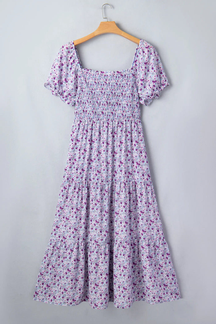 Plus Size Floral Print Square Neck Smocked Maxi Dress – Purple