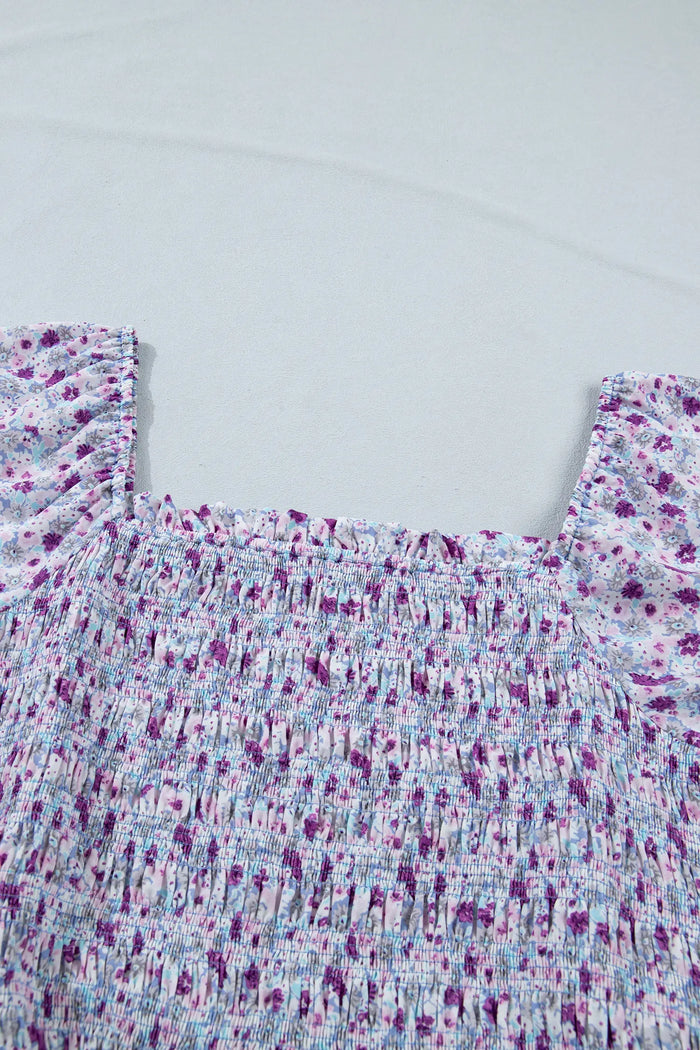 Plus Size Floral Print Square Neck Smocked Maxi Dress – Purple