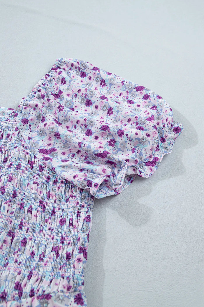 Plus Size Floral Print Square Neck Smocked Maxi Dress – Purple