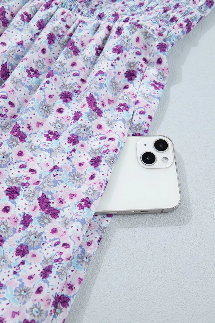 Plus Size Floral Print Square Neck Smocked Maxi Dress – Purple